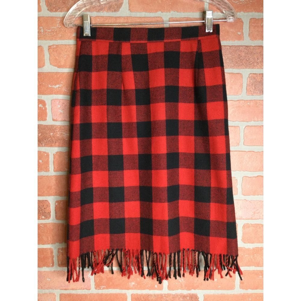 Vintage Savion Women's Check Plaid Fringed Straight Midi Skirt Red, Black Size 6